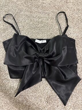 Altar'd State Black Satin Bow Crop Cami with Rhinestone Straps